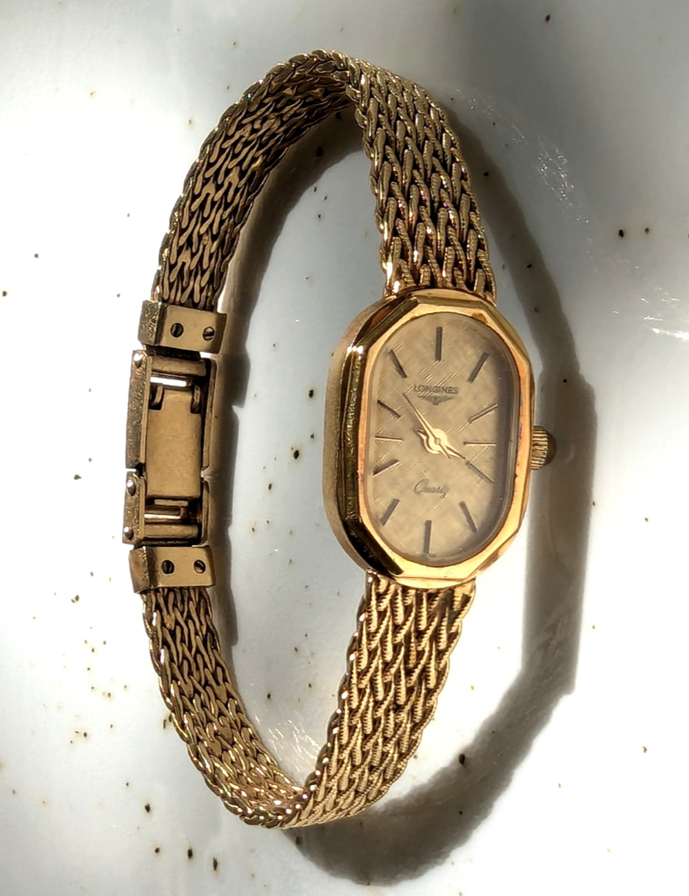 Vintage Longines L960 AO Gold Dial Quartz Womens Watch Gold Plated Mesh Bracelet